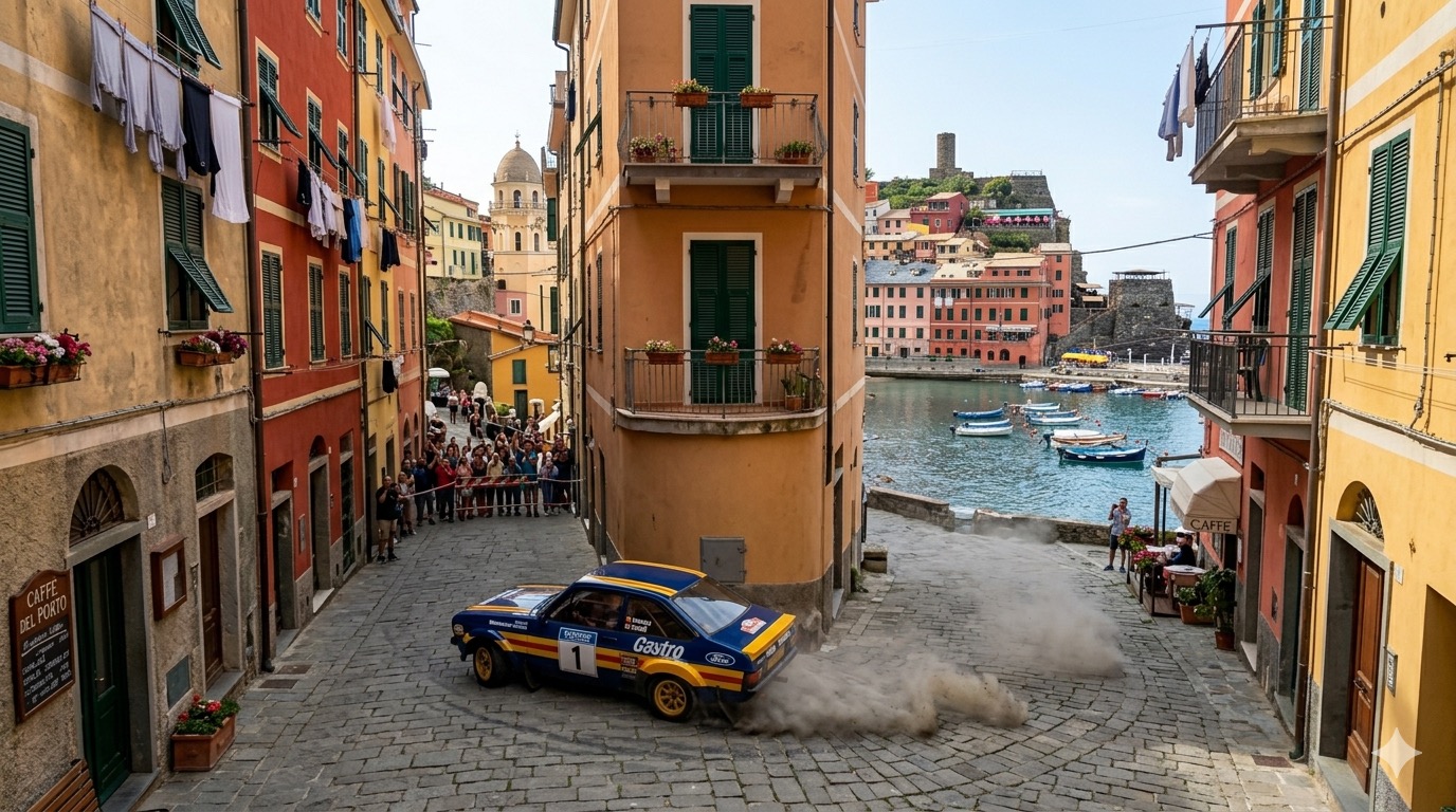 A rally car drifting through a harbor town square toward the waterfront