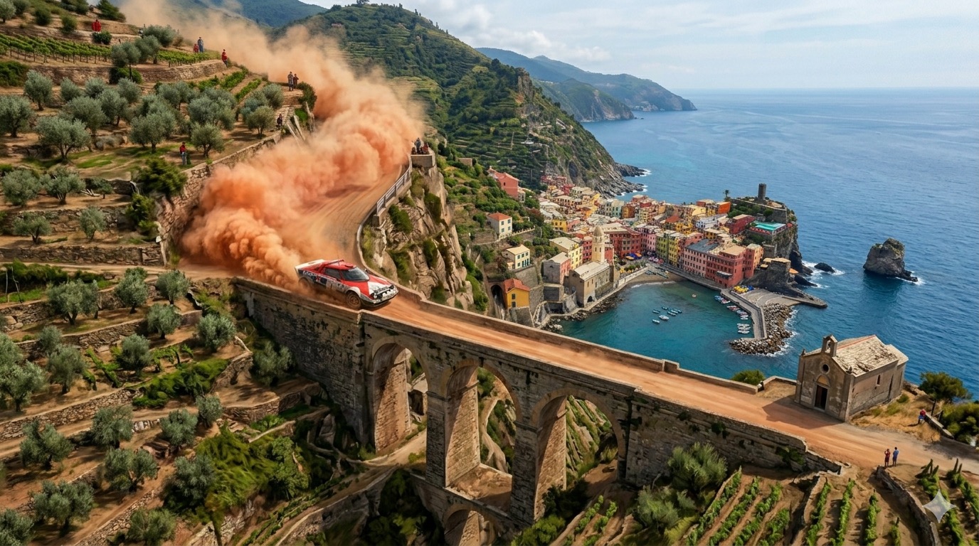 A rally car racing over a stone viaduct above the coast near Positano